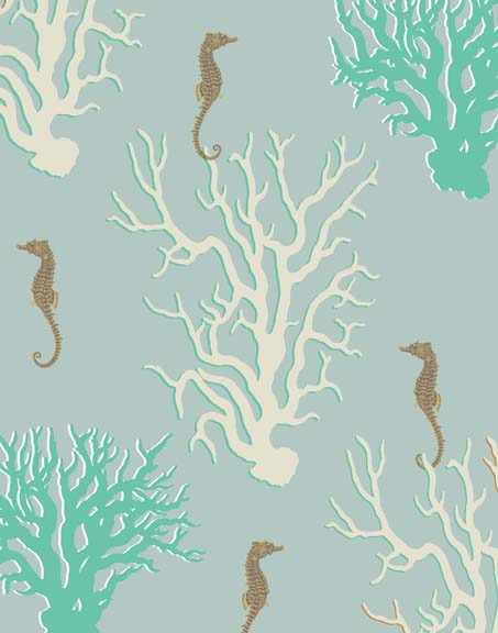 Coral and Seahorse in Seafoam