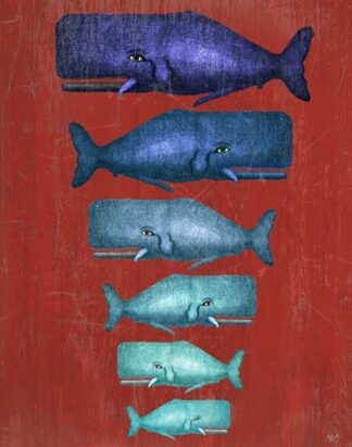 Whale Family Blue on Red