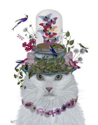 Cat, White with Butterfly bell jar