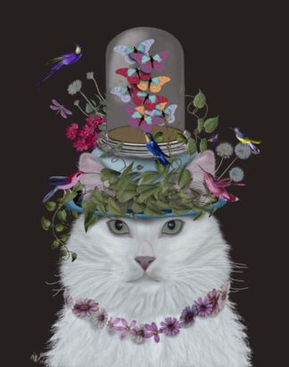 Cat, White with Butterfly bell jar, on black