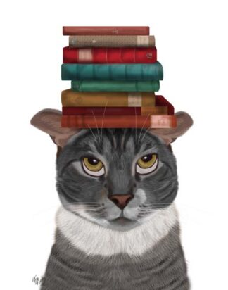 Grey Cat with Books on Head
