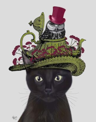 Black Cat with Teapot and Owl
