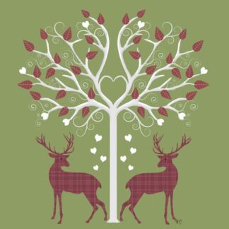 Christmas Des - Deer and Heart Tree, Pink On Green