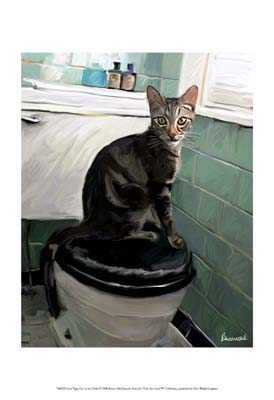 Gray Tiger Cat on the Toilet