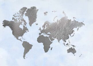 Silver Foil World Map on Blue