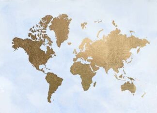 Large Gold Foil World Map on Blue
