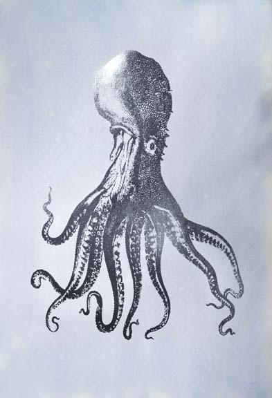 Silver Foil Octopus I on Blue Wash