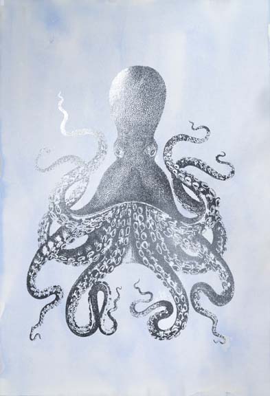 Silver Foil Octopus II on Blue Wash