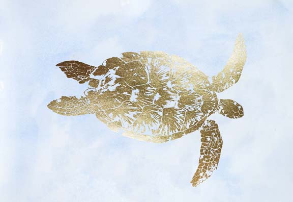 Gold Foil Sea Turtle I on Blue Wash